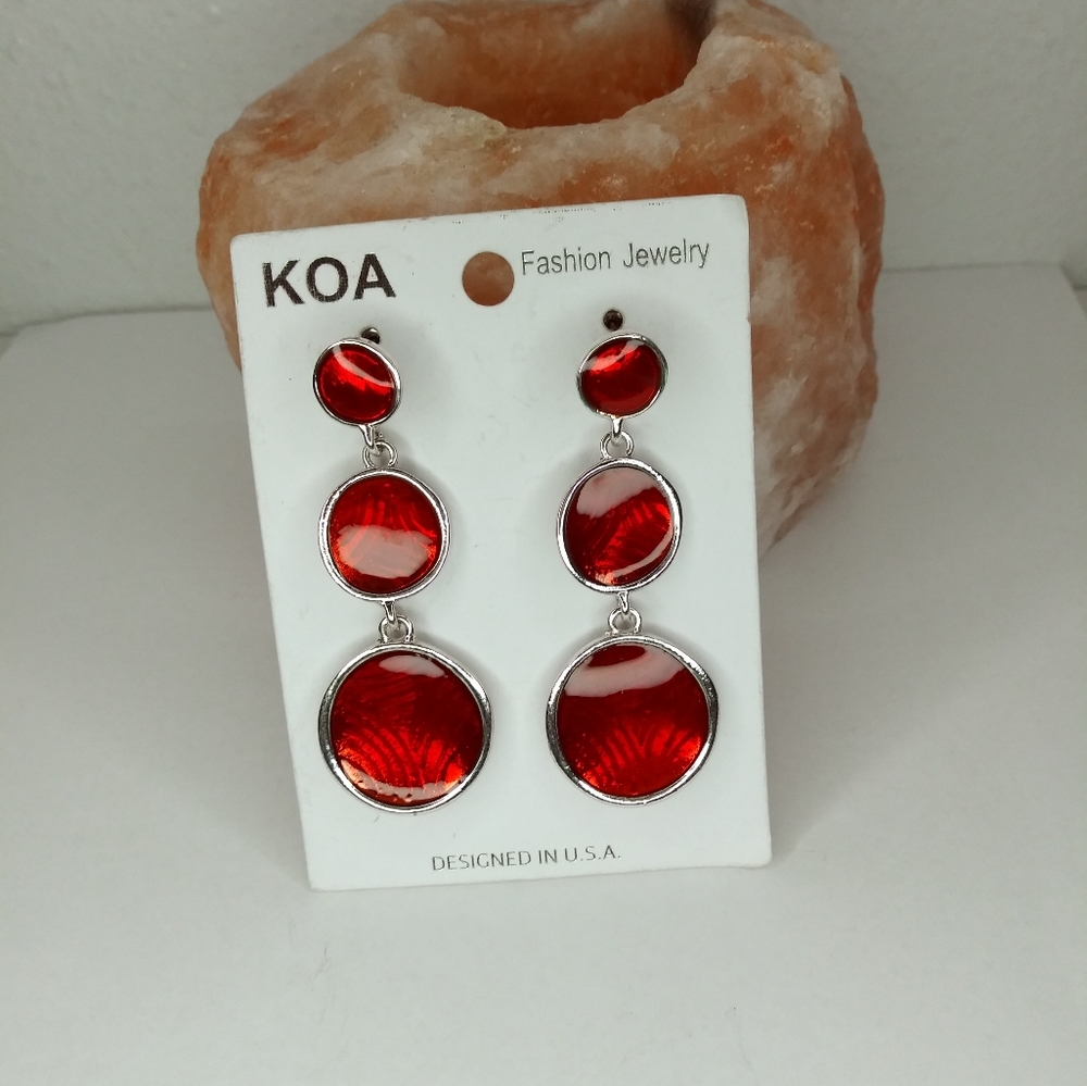 KOA Earrings Red Coral Circle Drop Trio